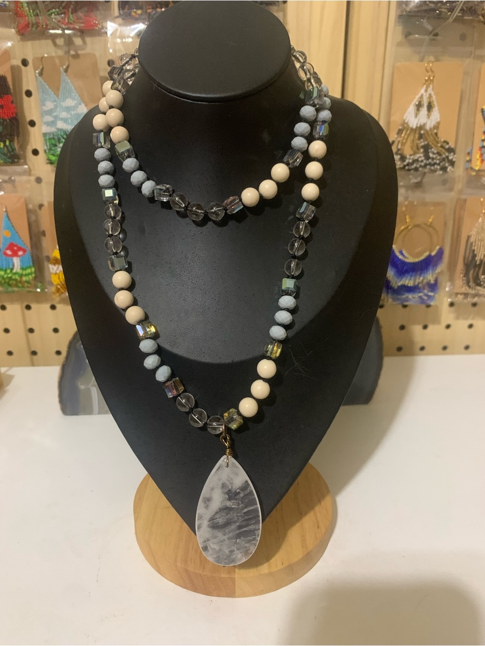 Layered White & Gray quartz Stone Pendant Necklace - Women Jewelry